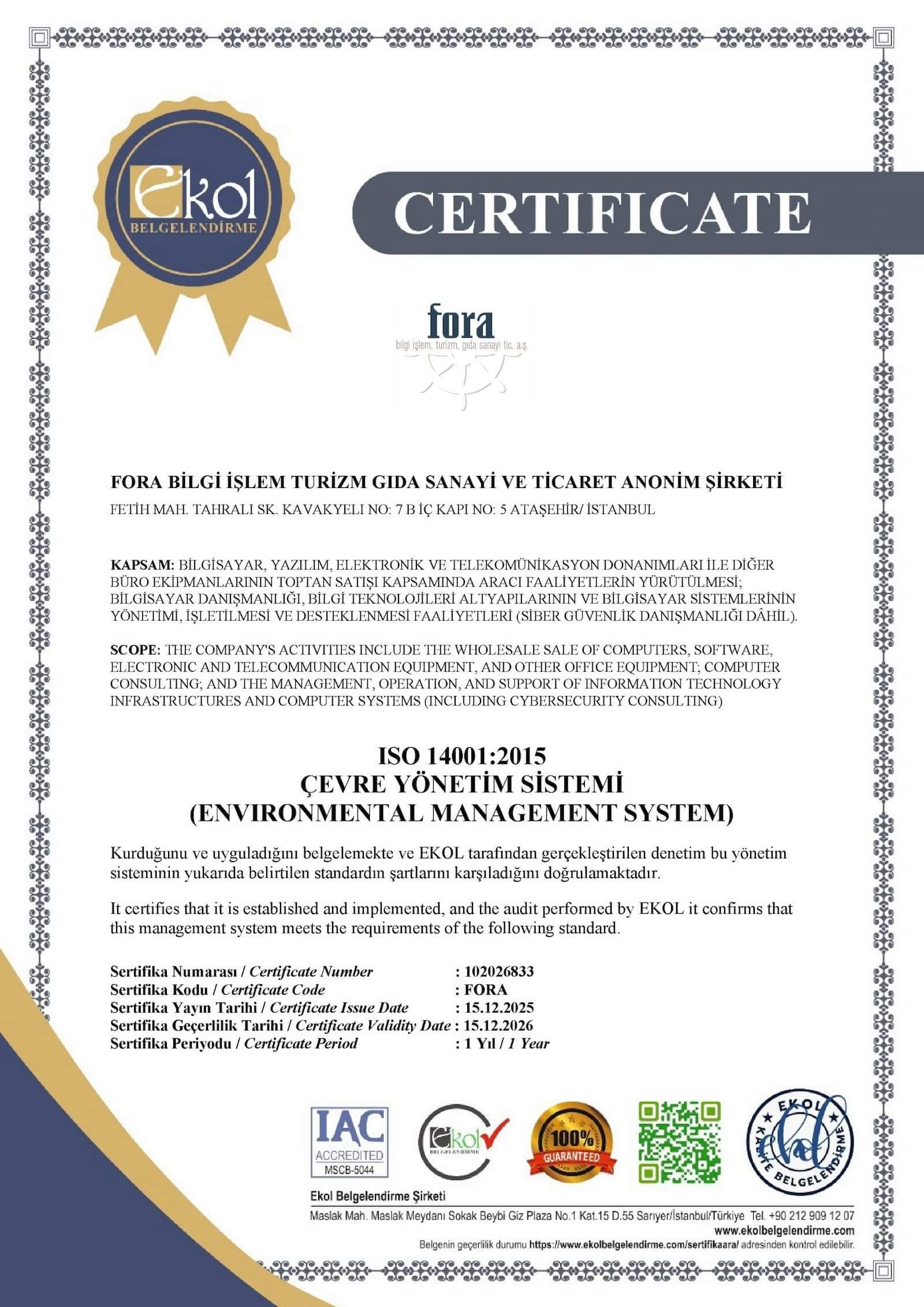 ISO 14001:2015 - Çevre Yönetim Sistemi